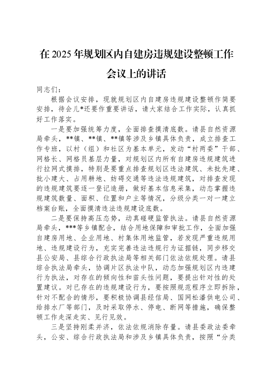 在2025年规划区内自建房违规建设整顿工作会议上的讲话.docx,第1页预览