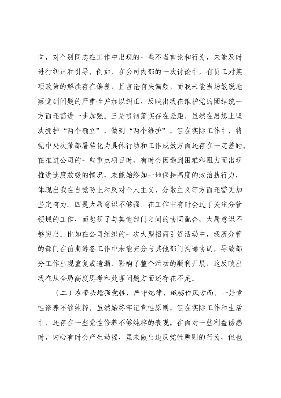 城投公司党委委员、副总经理2024年度民主生活会领导班子对照检视发言材料(四个带头+违纪行为典型案例剖析).docx,第2页预览