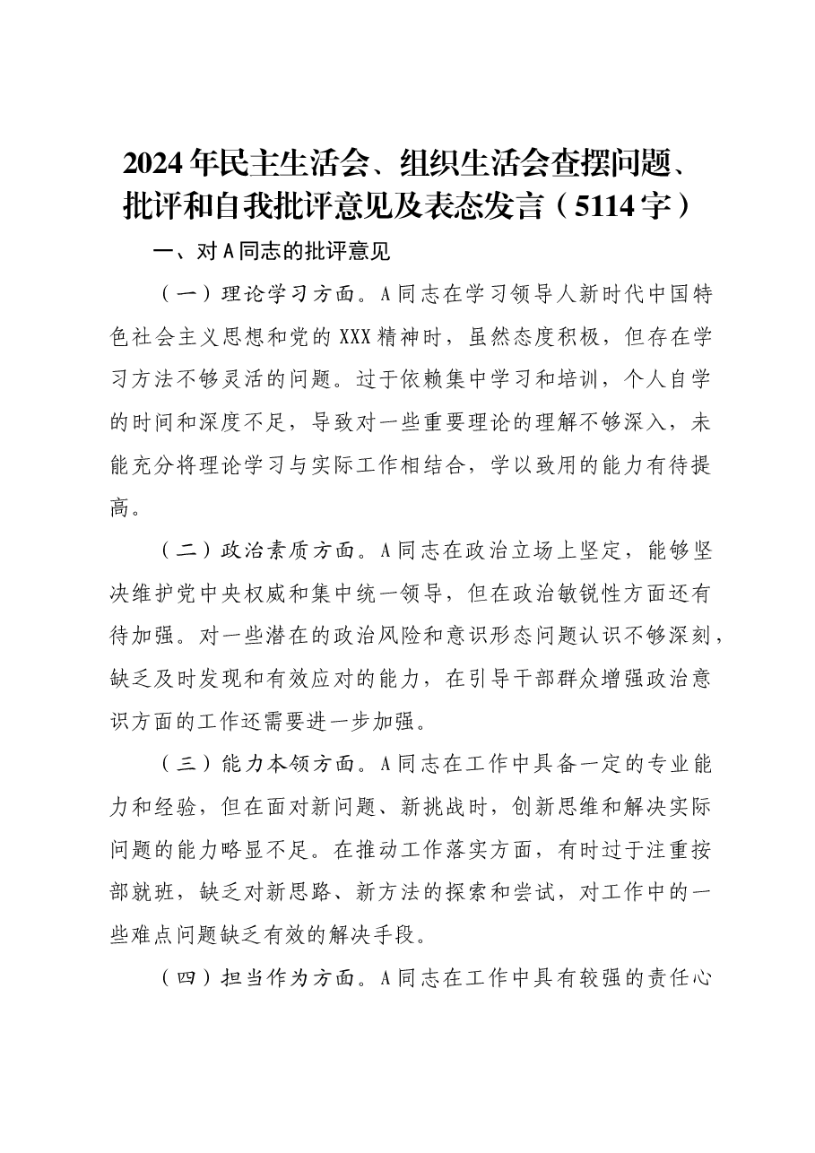 2024年民主生活会、组织生活会查摆问题、批评和自我批评意见及表态发言.docx,第1页预览