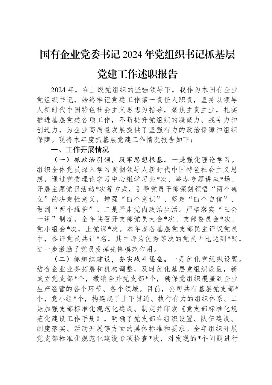 国有企业党委书记2024年党组织书记抓基层党建工作述职报告.docx,第1页预览