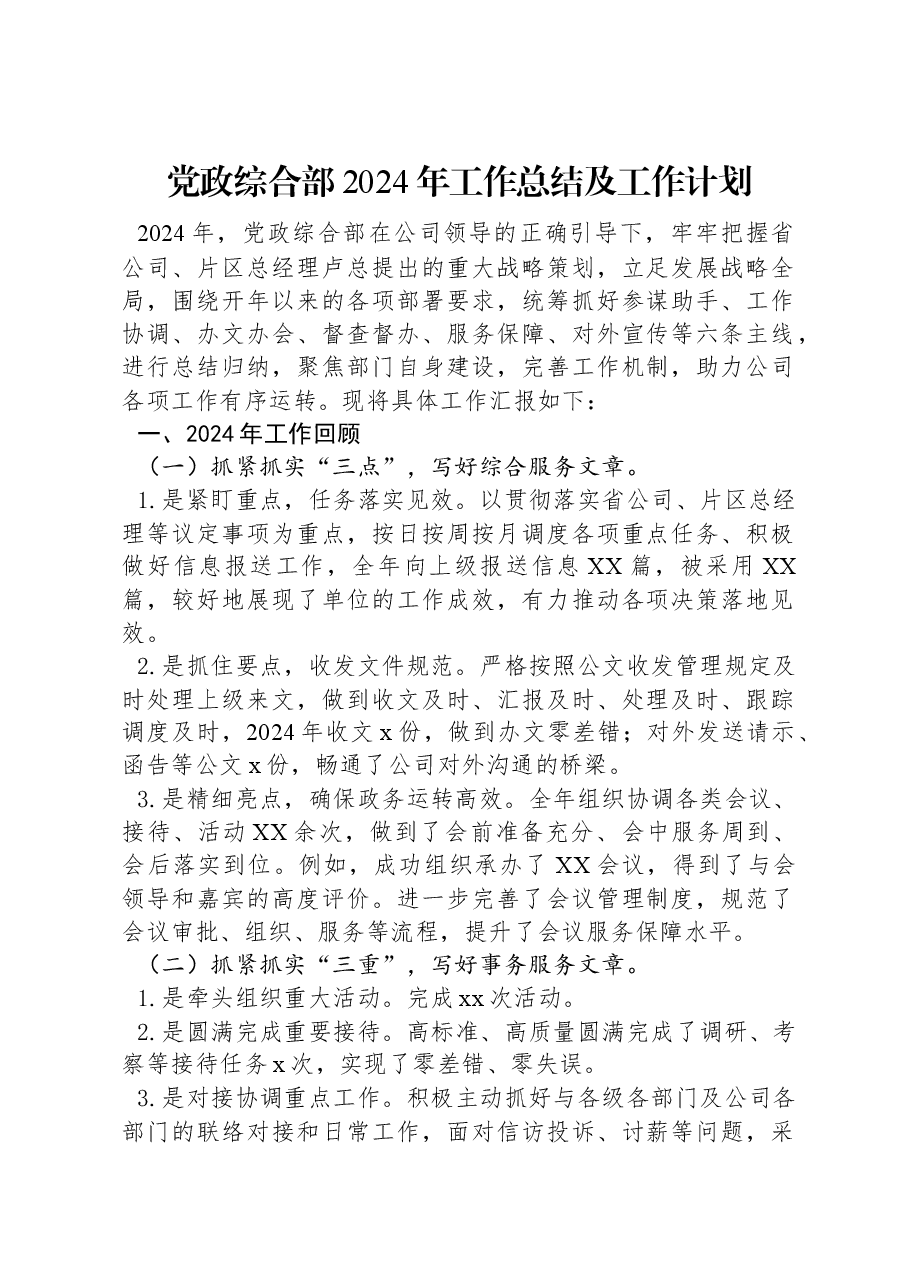 党政综合部2024年工作总结及工作计划.docx,第1页预览