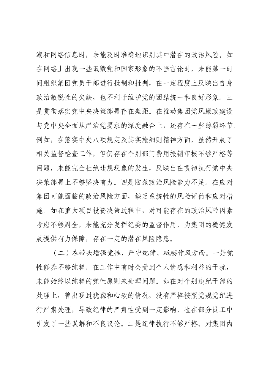 某城投公司党委委员、纪委书记2024年度民主生活会领导班子对照检视发言材料(四个带头+典型案例剖析及自身差距不足).docx,第2页预览
