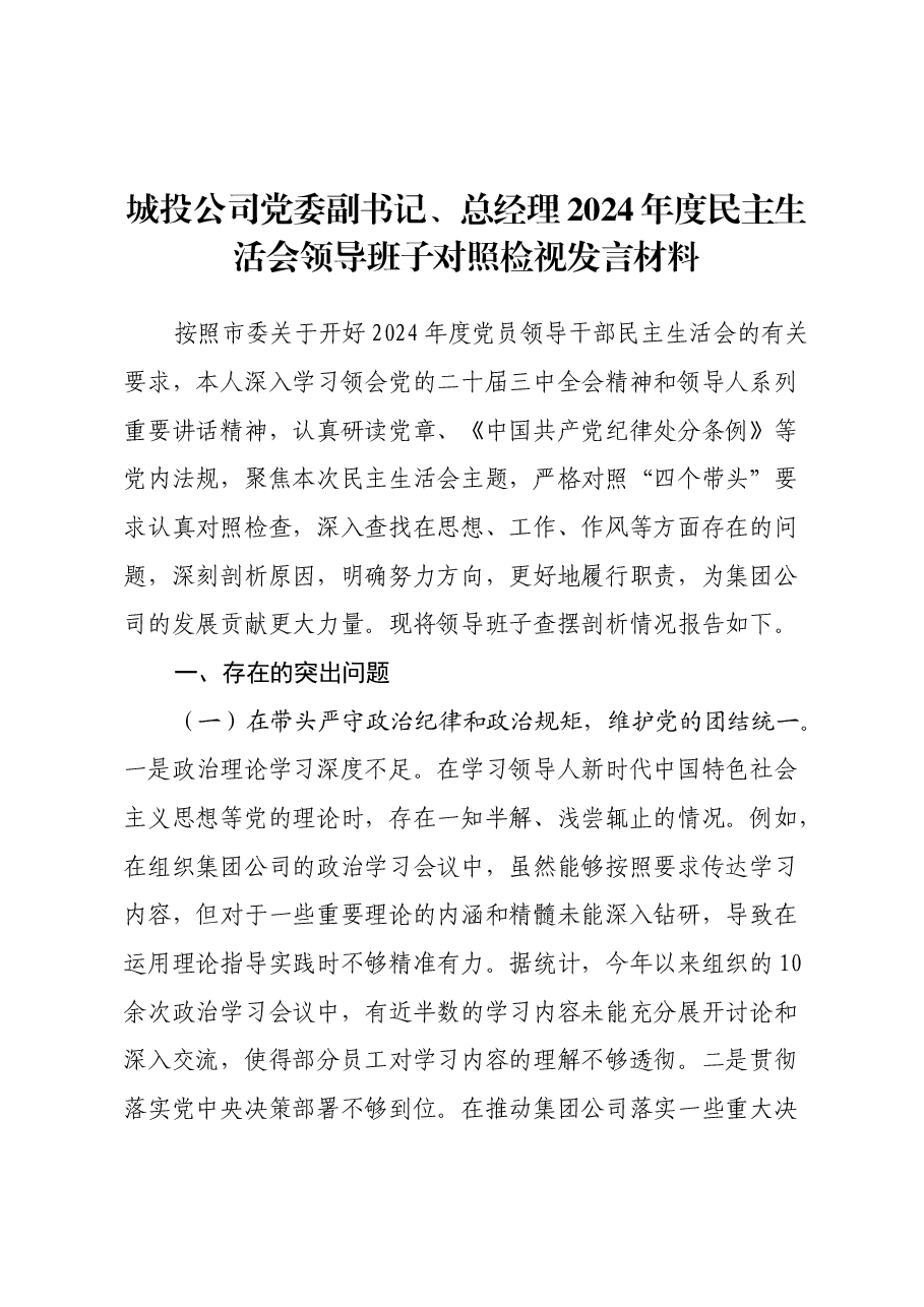 城投公司党委副书记、总经理2024年度民主生活会领导班子对照检视发言材料(四个带头+违纪行为典型案例剖析).docx,第1页预览