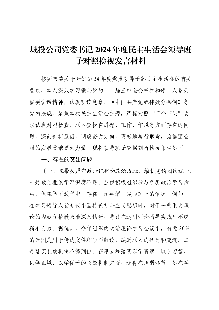 城投公司党委书记2024年度民主生活会领导班子对照检视发言材料(四个带头+违纪行为典型案例剖析).docx,第1页预览