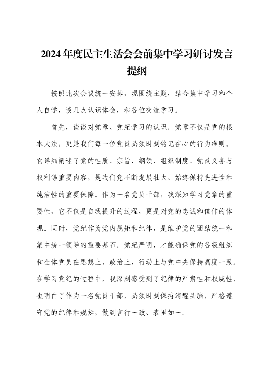 (会前)2024年度民主生活会会前集中学习研讨发言材料(党员干部).docx,第1页预览