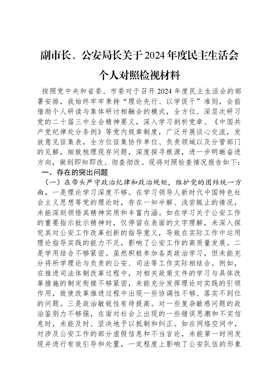 副市长、公安局长关于2024年度民主生活会个人对照检视材料.docx,第1页预览