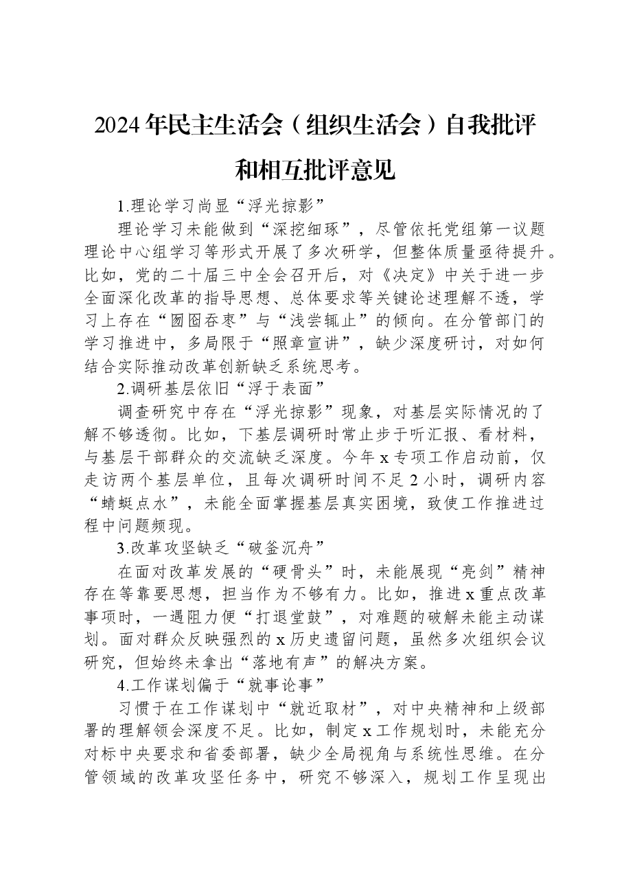 2024年民主生活会(组织生活会)自我批评和相互批评意见.docx,第1页预览