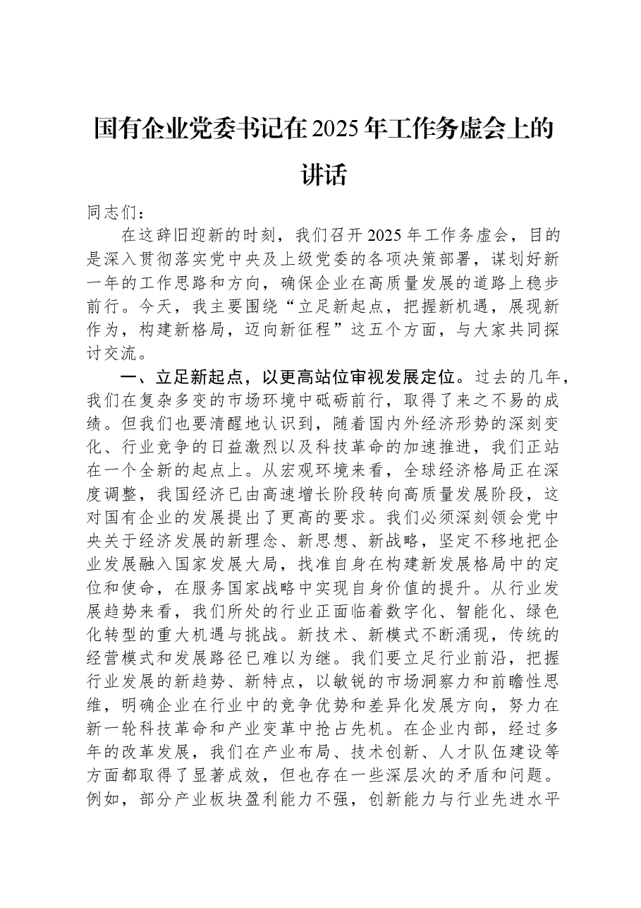 国有企业党委书记在2025年工作务虚会上的讲话.docx,第1页预览