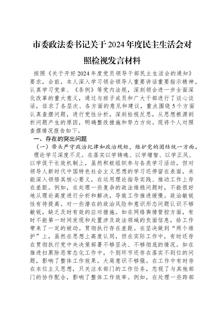 市委政法委书记关于2024年度民主生活会对照检视发言材料.docx,第1页预览