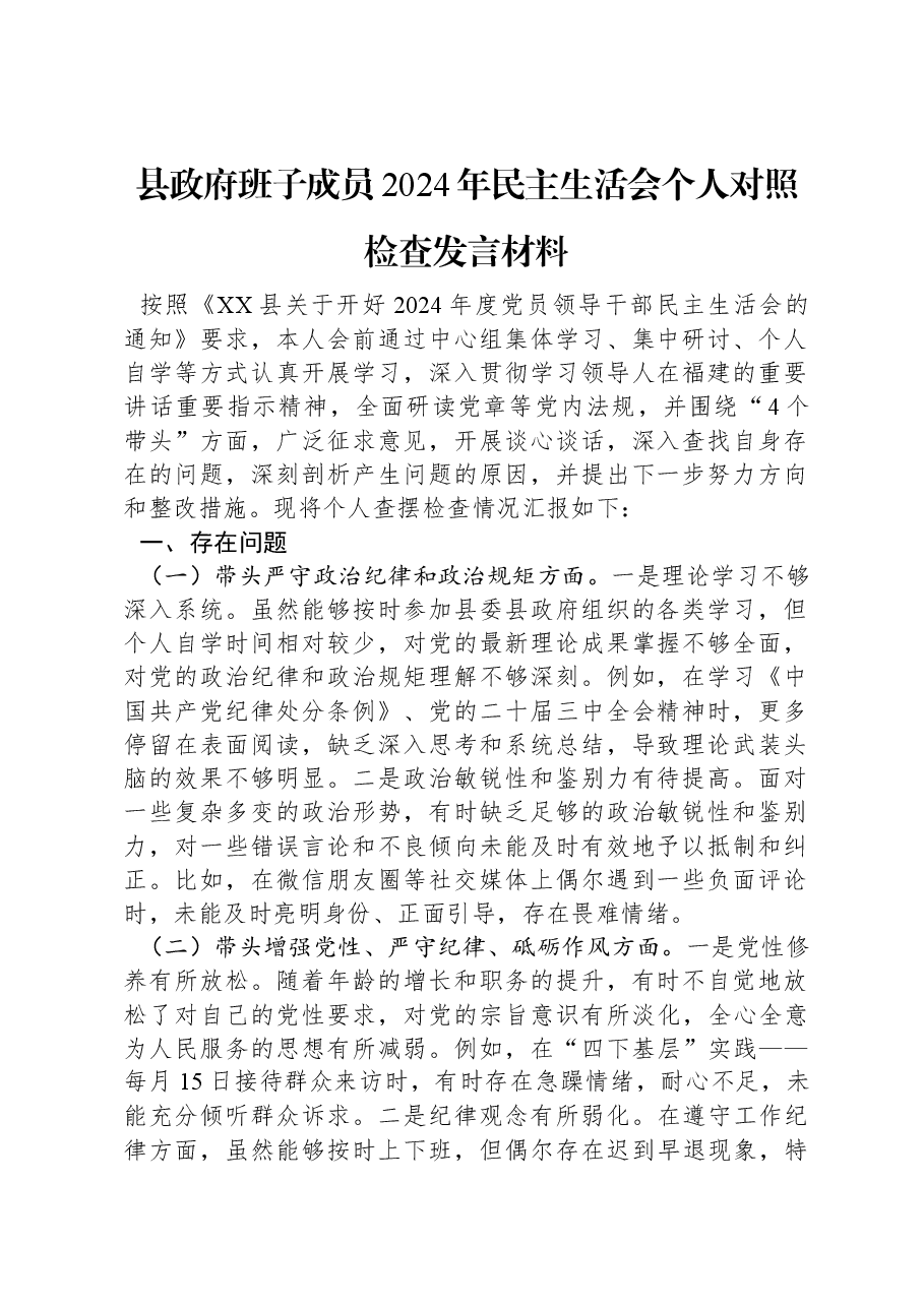 县政府班子成员2024年民主生活会个人对照检查发言材料.docx,第1页预览