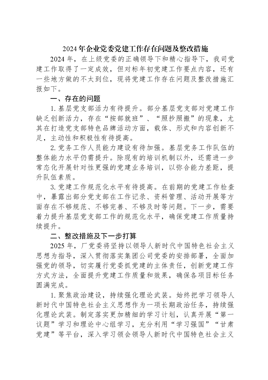 2024年企业党委党建工作存在问题及整改措施.docx,第1页预览