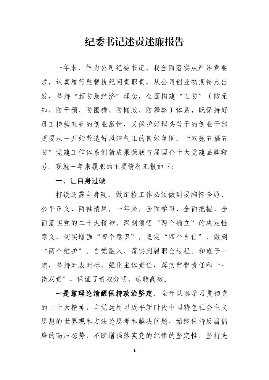 纪委书记述责述廉报告.docx,第1页预览
