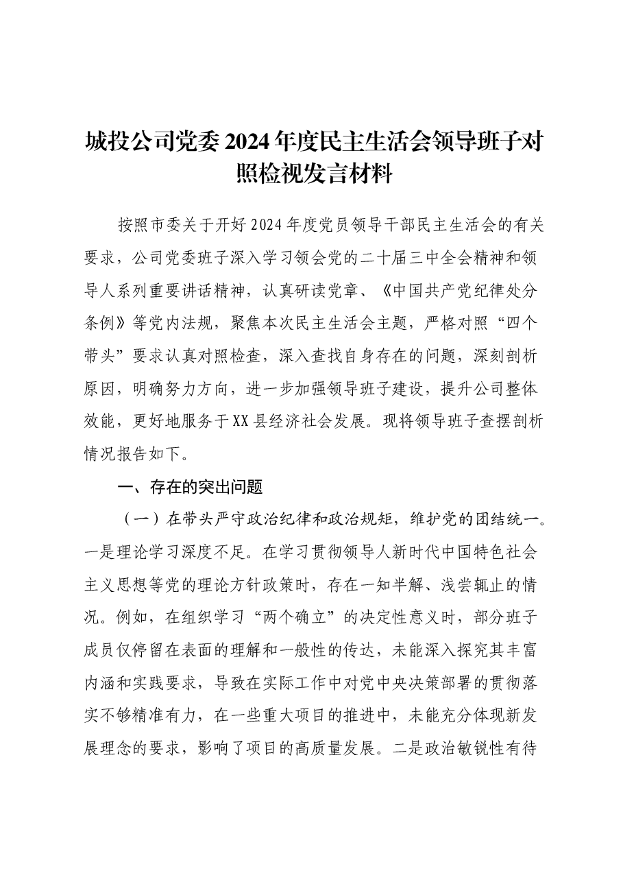 城投公司党委2024年度民主生活会领导班子对照检视发言材料(四个带头+典型案例剖析与反思).docx,第1页预览