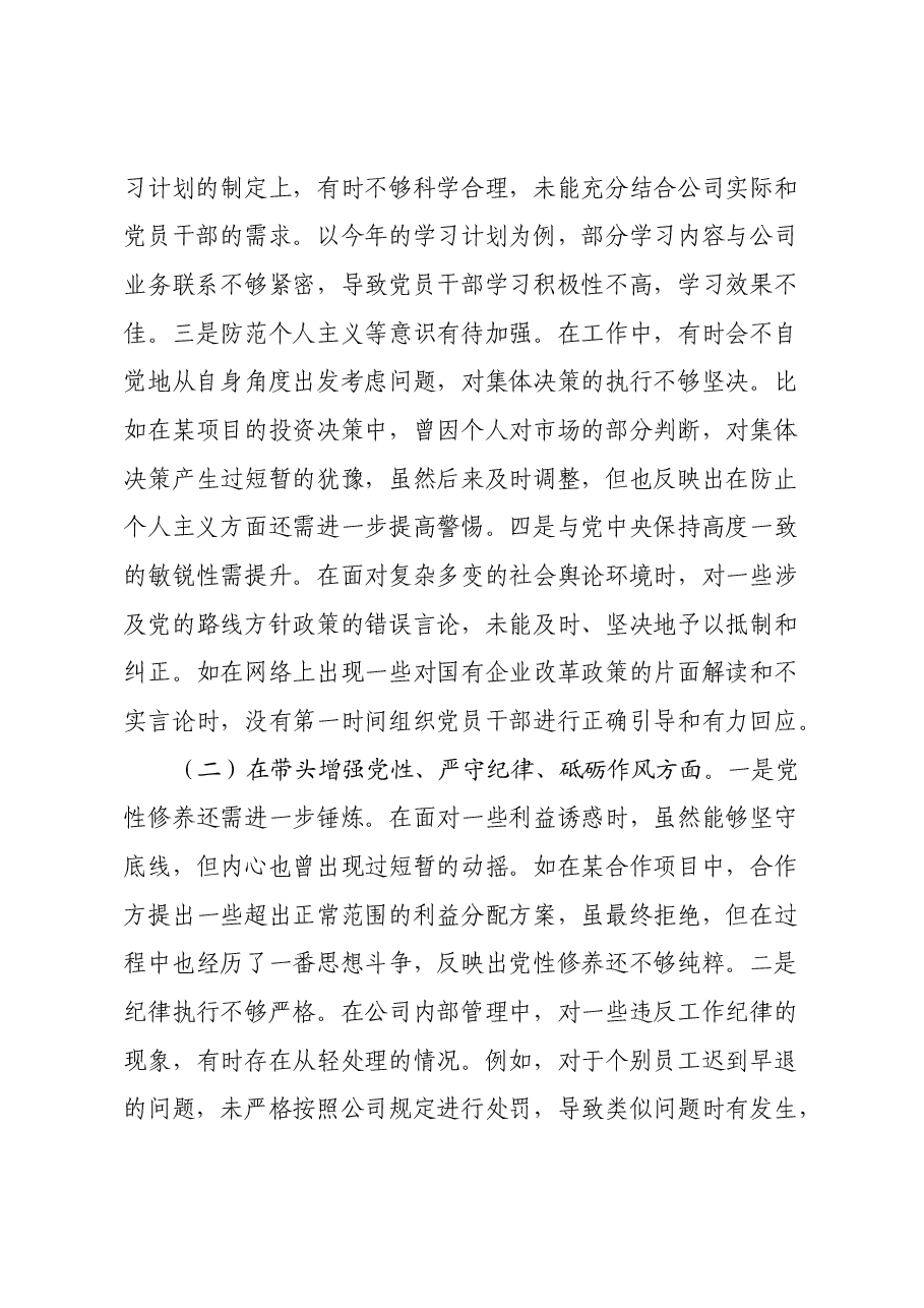 城投公司党委书记2024年度民主生活会领导班子对照检视发言材料(四个带头+违纪行为典型案例剖析).docx,第2页预览