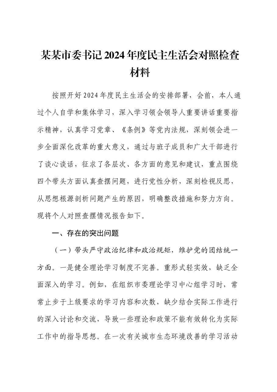 某某市委书记2024年度民主生活会对照检查材料.docx,第1页预览