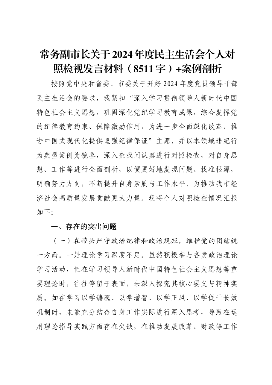 常务副市长关于2024年度民主生活会个人对照检视发言材料+案例剖析.docx,第1页预览