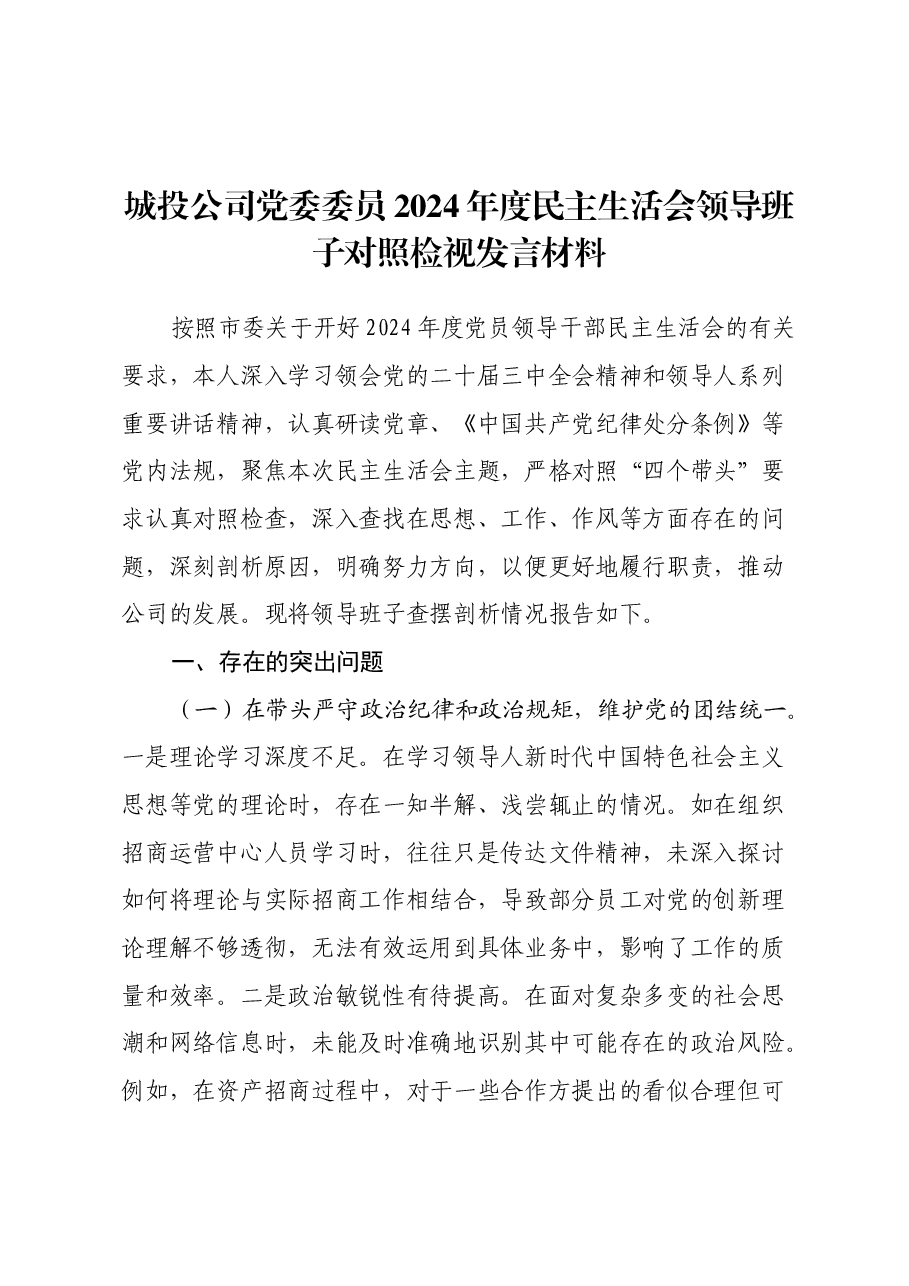 城投公司党委委员2024年度民主生活会领导班子对照检视发言材料(四个带头+违纪行为典型案例剖析).docx,第1页预览