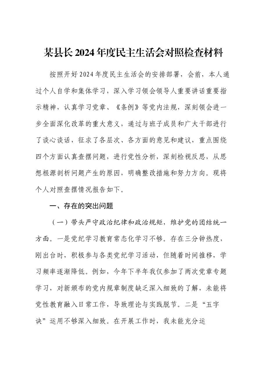 某县长2024年度民主生活会对照检查材料.docx,第1页预览