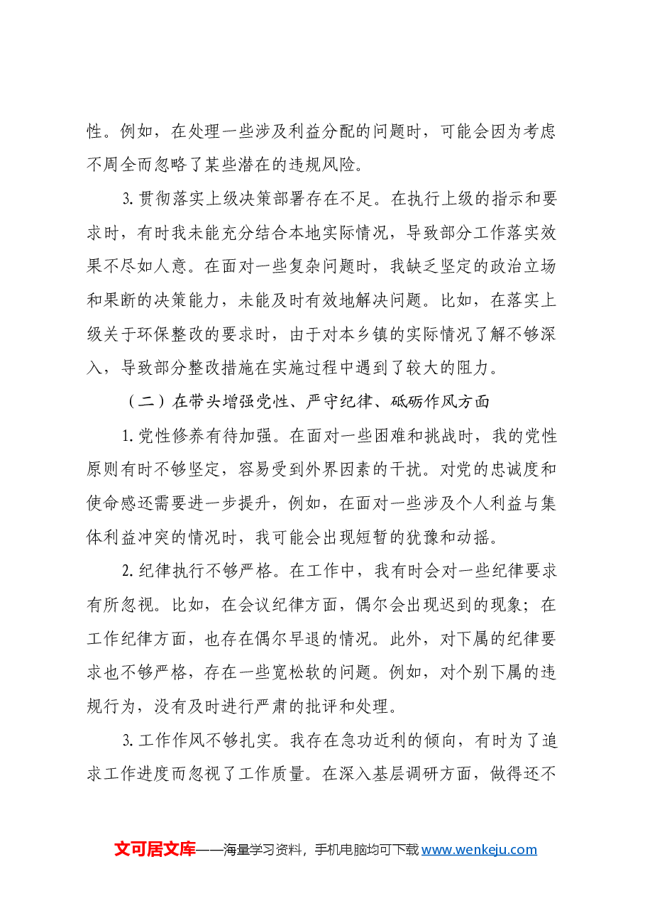 乡镇党委书记2024年度民主生活会对照检查材料(四个带头).docx,第2页预览