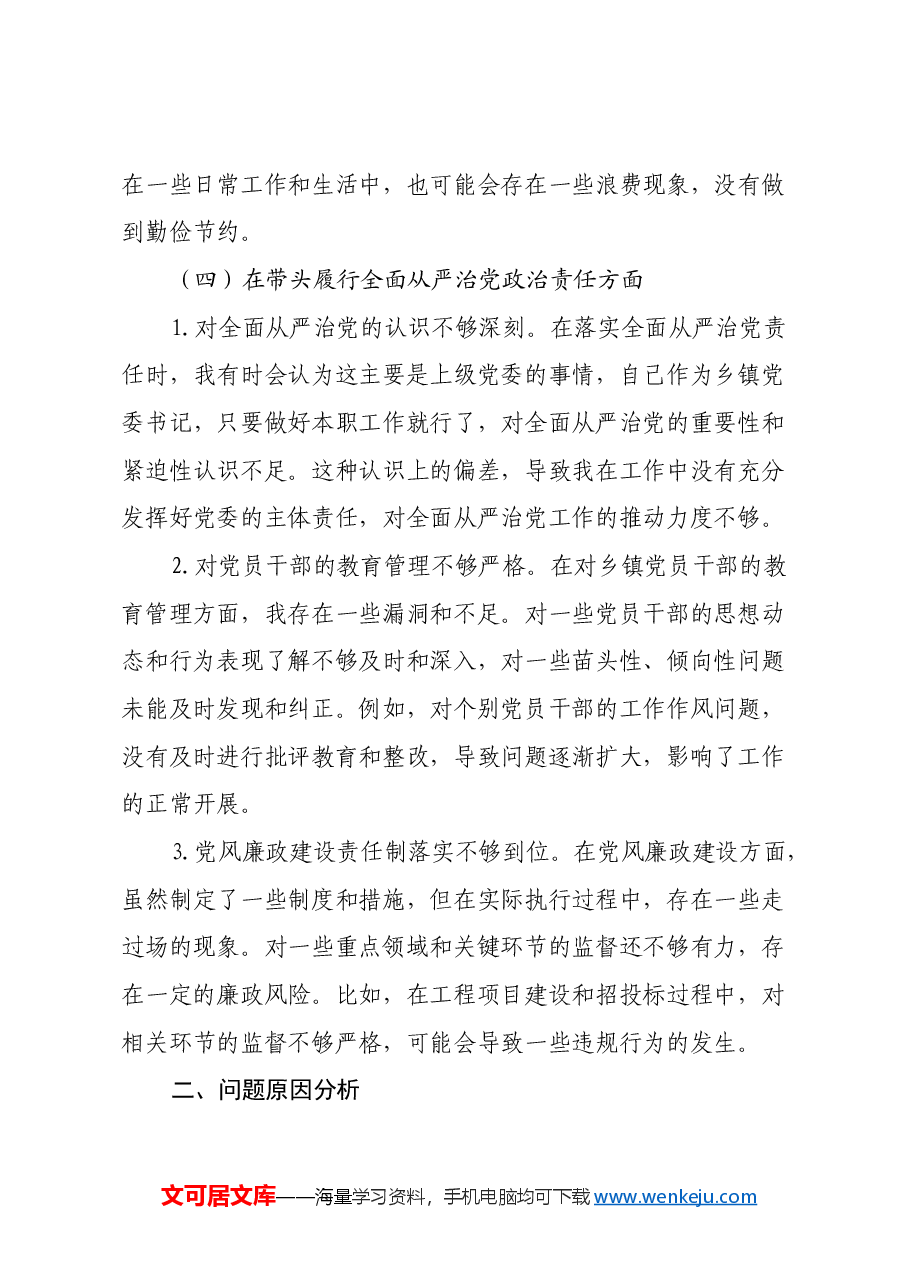 乡镇党委书记2024年度民主生活会对照检查材料(四个带头).docx,第4页预览
