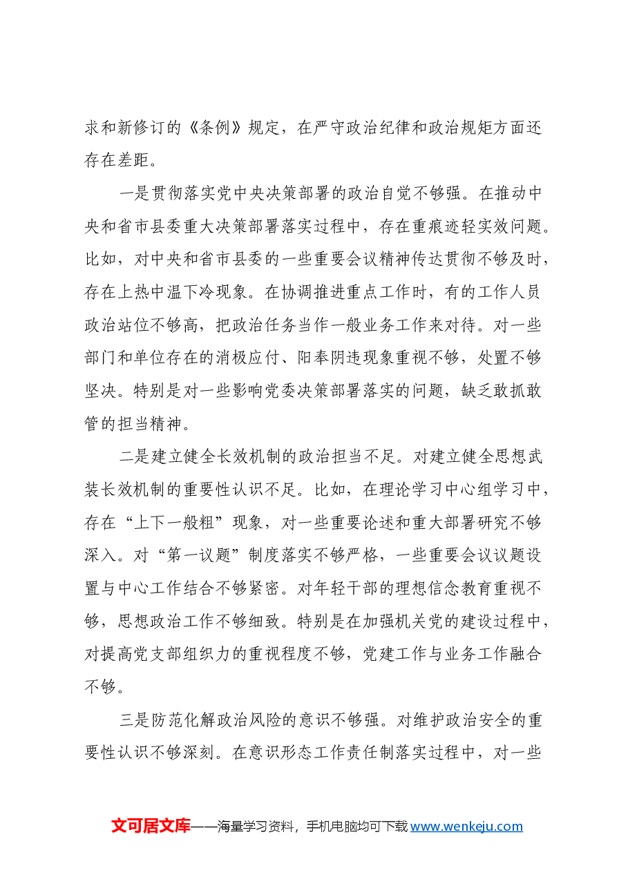 2024年县委常委部门民主生活会班子对照检查材料(四个带头).docx,第3页预览