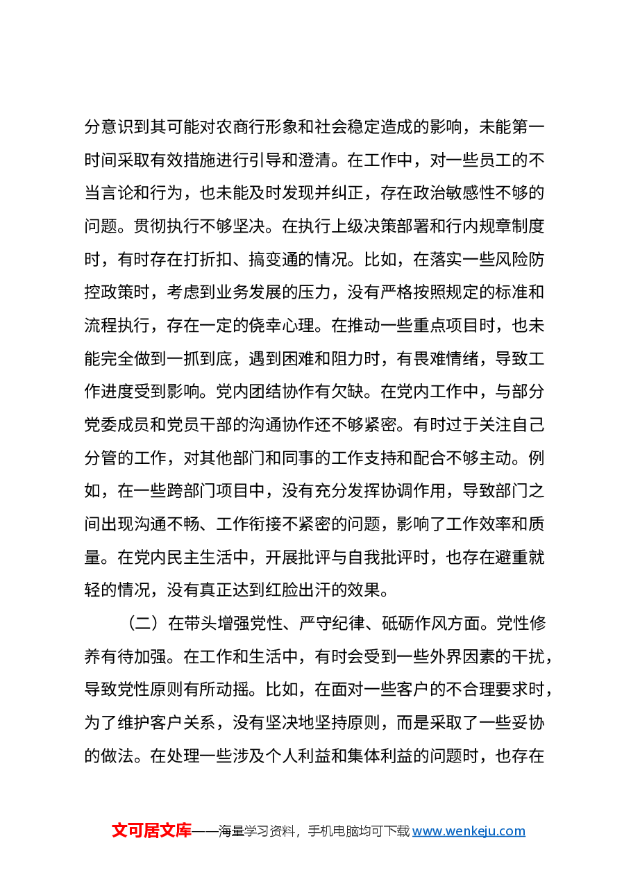 某银行党委副书记2024年度民主生活会个人对照检视发言材料(四个带头+典型案例剖析).docx,第2页预览