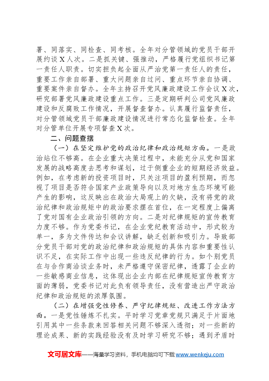 国企公司书记2024年民主生活会对照检查(含上年度整改).docx,第3页预览