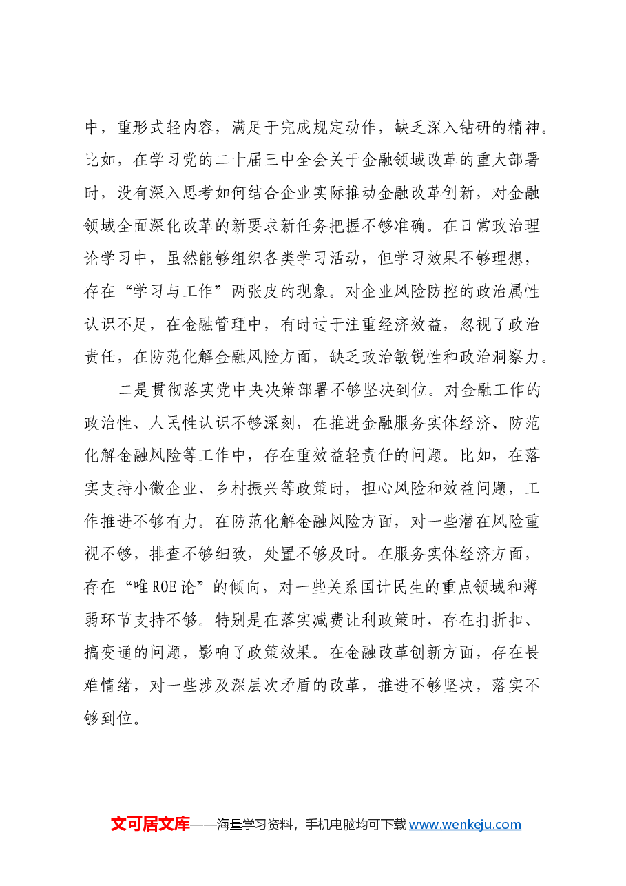 金融类国企党委书记2024年民主生活会个人发言提纲(四个带头).docx,第2页预览