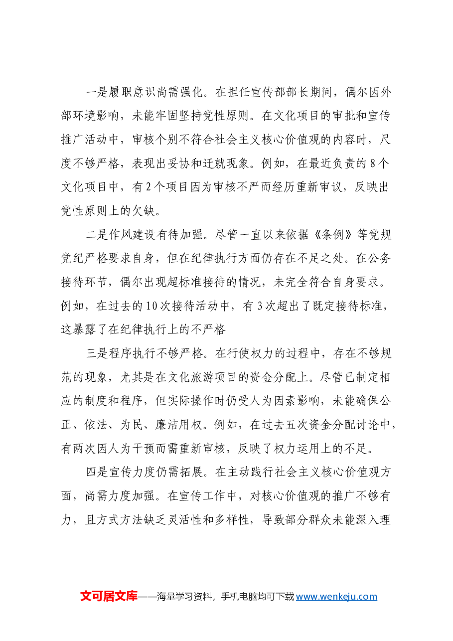 宣传部部长2024年民主生活会对照检查材料(四个带头).docx,第3页预览