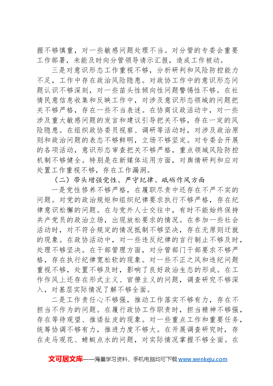 政协副主席2024年民主生活会对照检查材料(四个带头).docx,第2页预览