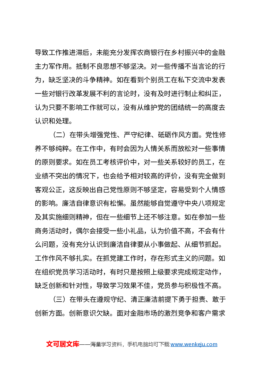 2024年度民主生活会某银行党委副书记个人对照检视发言材料(四个带头+典型案例剖析).docx,第2页预览