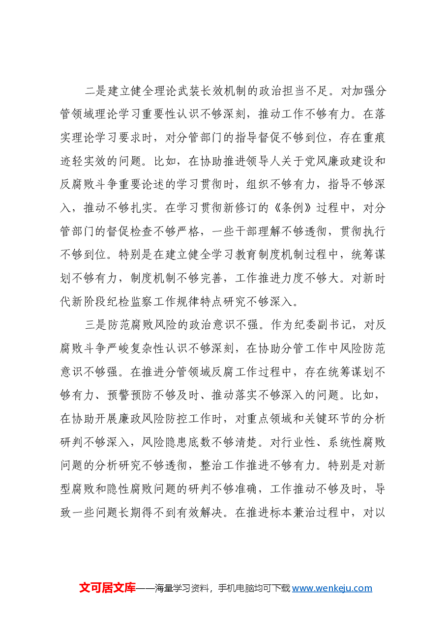 纪委副职2024年度民主生活会对照检查材料(四个带头).docx,第2页预览