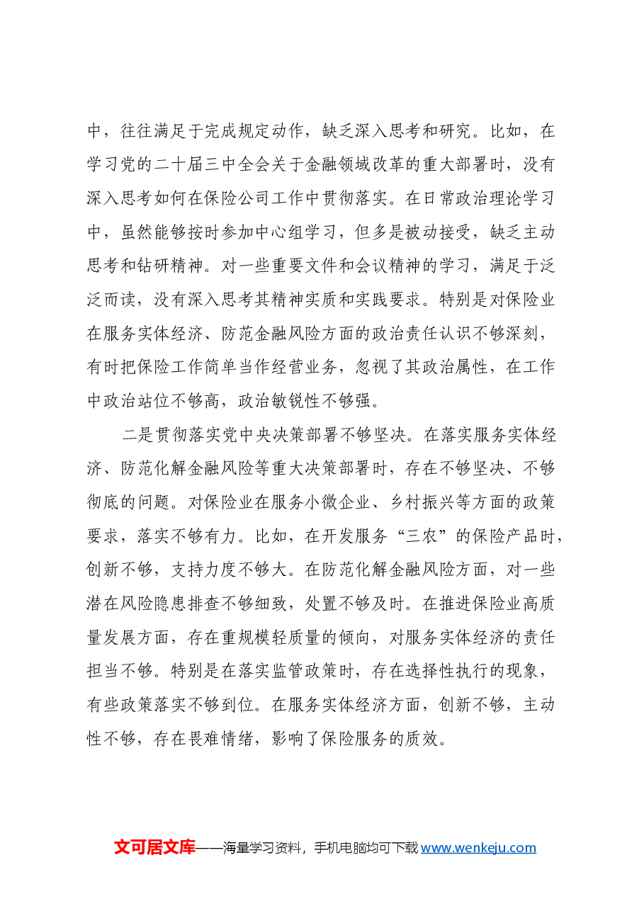 保险公司党委副书记2024年民主生活会对照检查材料(四个带头).docx,第2页预览