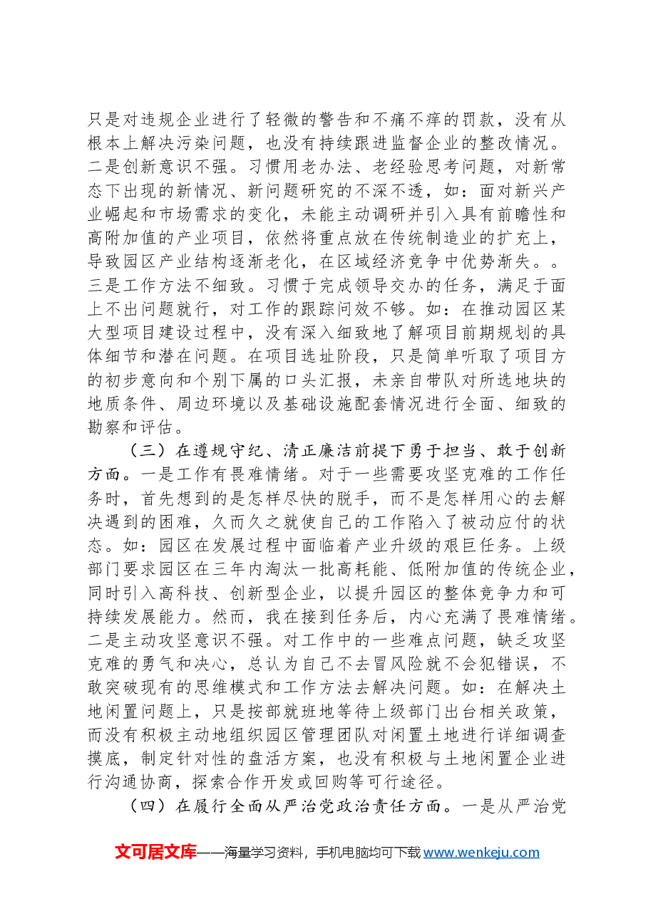 市工业园区2024年民主生活会个人对照检查.docx,第2页预览