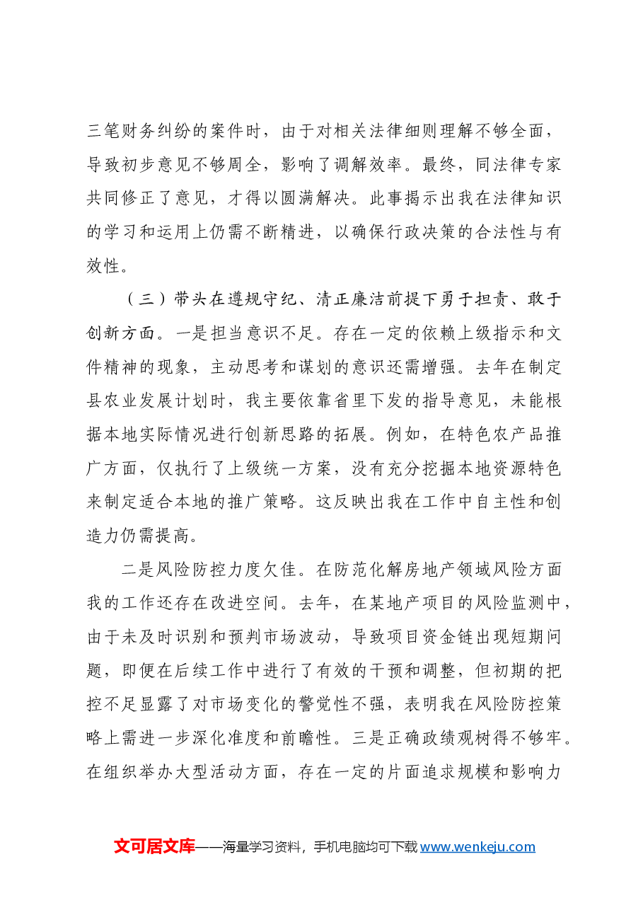 某县长2024年度民主生活会对照检查材料四个带头.docx,第3页预览