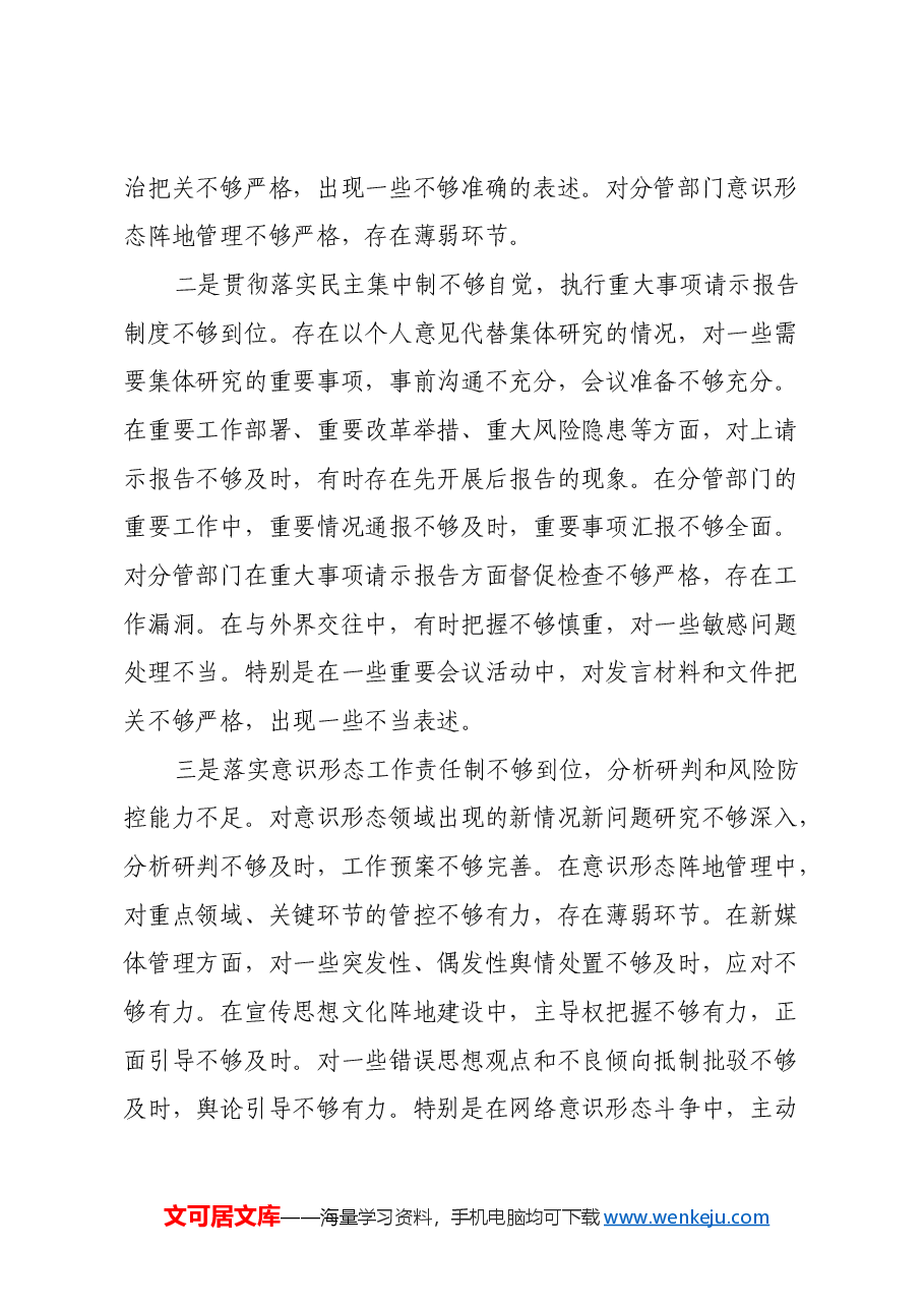 宣传部副部长2024年度民主生活会个人对照检查材料(四个带头).docx,第2页预览