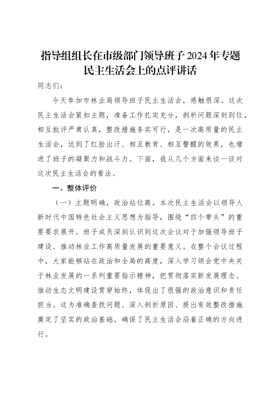 指导组组长在市级部门领导班子2024年专题民主生活会上的点评讲话.docx,第1页预览