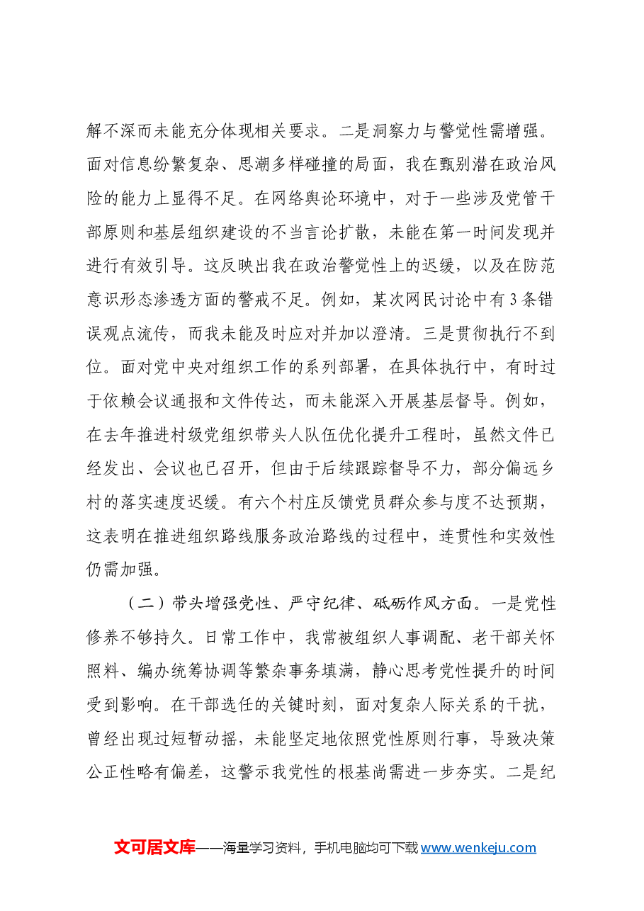 组织部部长2024年度民主生活会对照检查材料(四个带头).docx,第2页预览