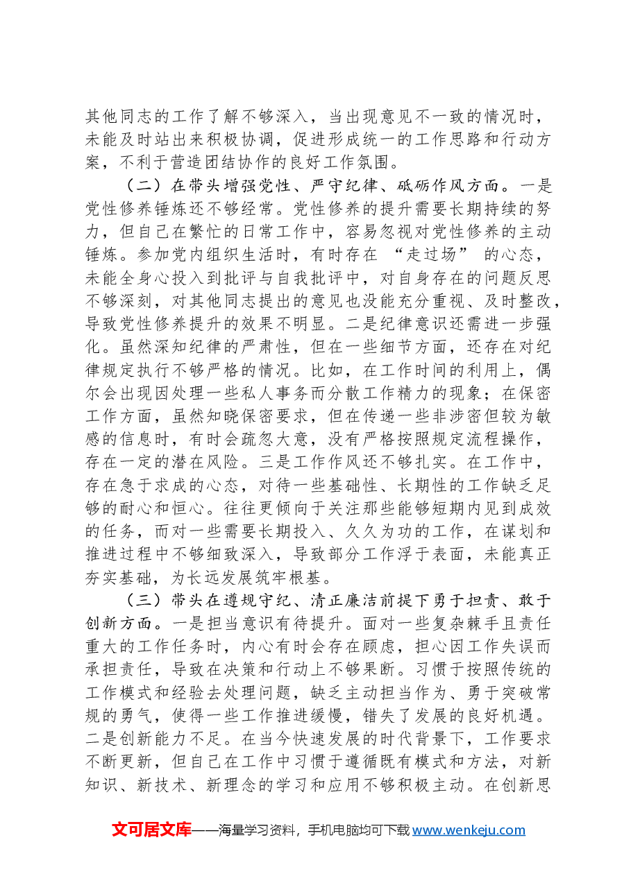 市直机关领导干部2024年度专题民主生活会、组织生活会对照检查材料(四个带头).docx,第2页预览