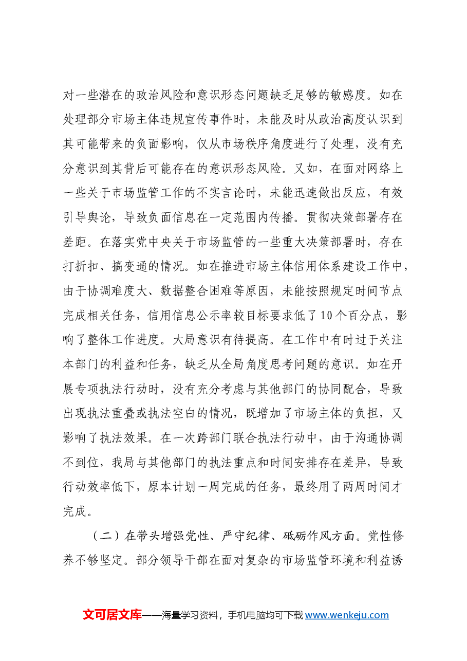 市局党组关于2024年度民主生活会领导班子对照查摆剖析材料(四个带头+典型案例剖析).docx,第2页预览