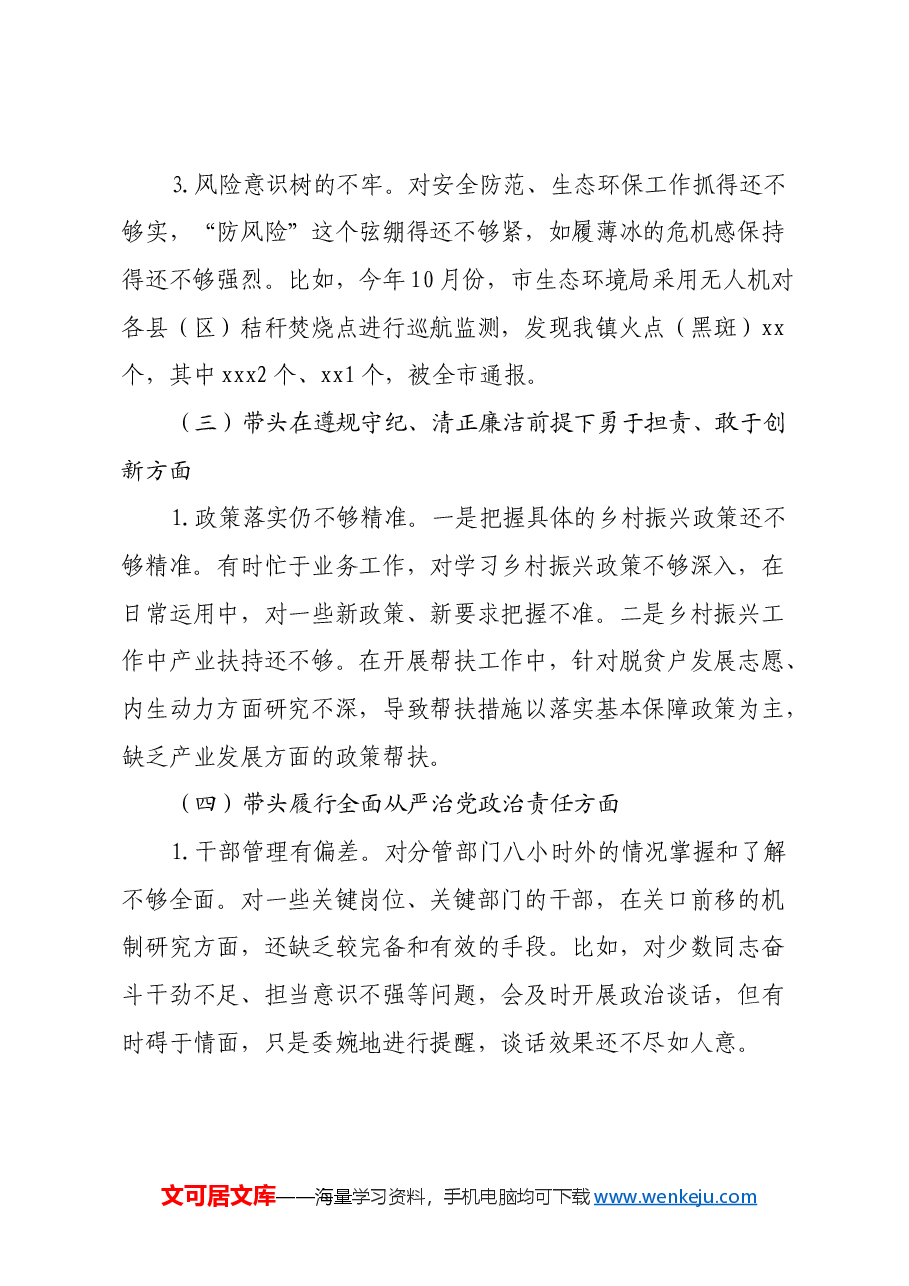Xx镇党政领导班子2024年度民主生活会对照检查材料(四个带头+典型案例剖析).docx,第3页预览