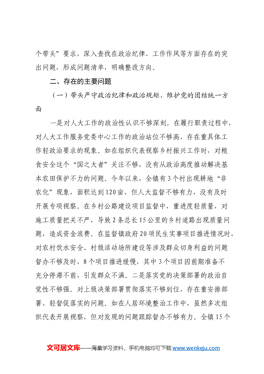 乡镇人大主席在2024年民主生活会上的对照检查材料(四个带头).docx,第2页预览