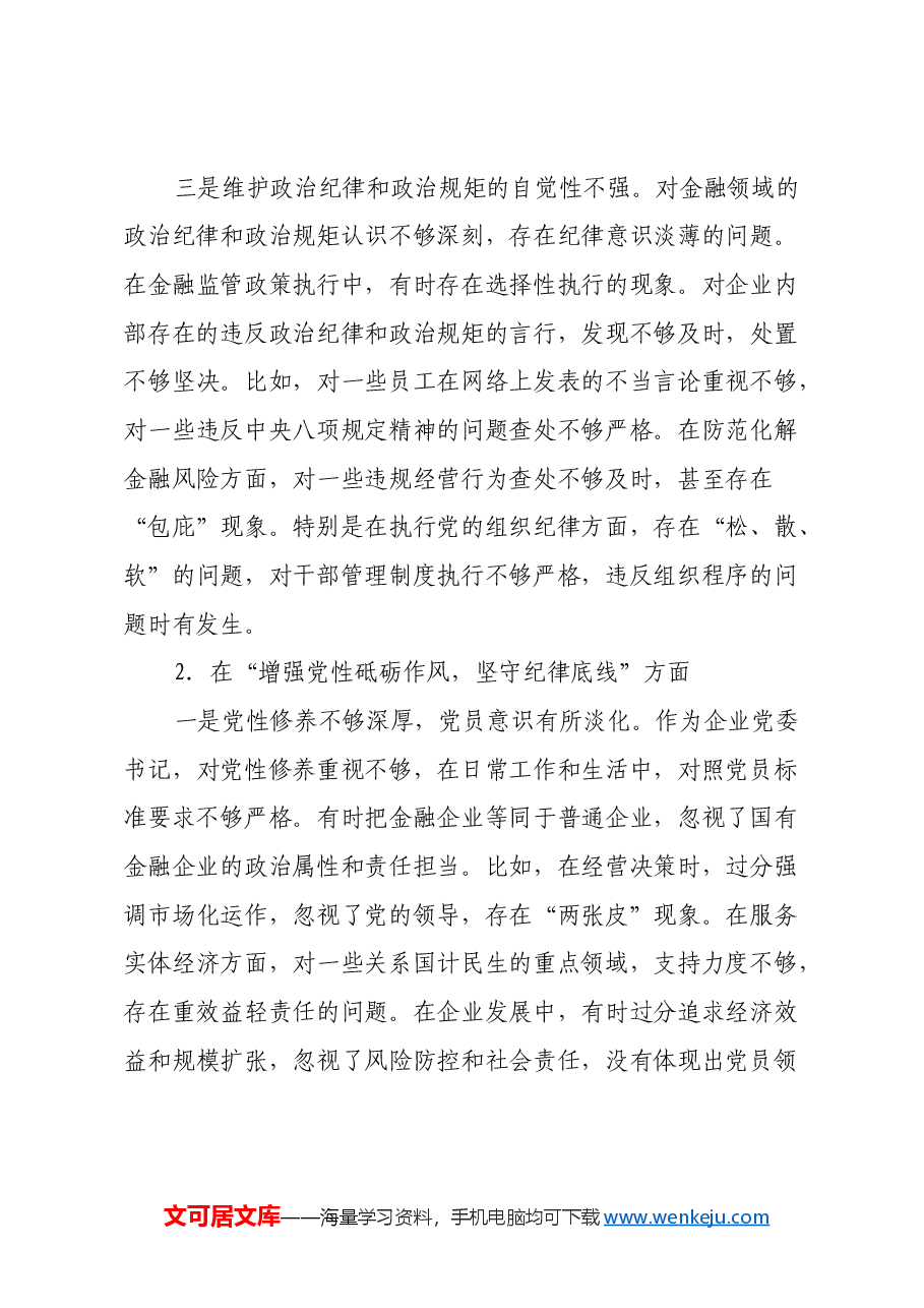 金融类国企党委书记2024年民主生活会个人发言提纲(四个带头).docx,第3页预览