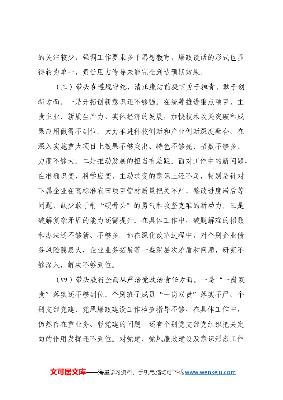 xx公司2024年度民主生活会对照检查材料(四个带头+意识形态+三个务必 政绩观+典型案例剖析).docx,第3页预览