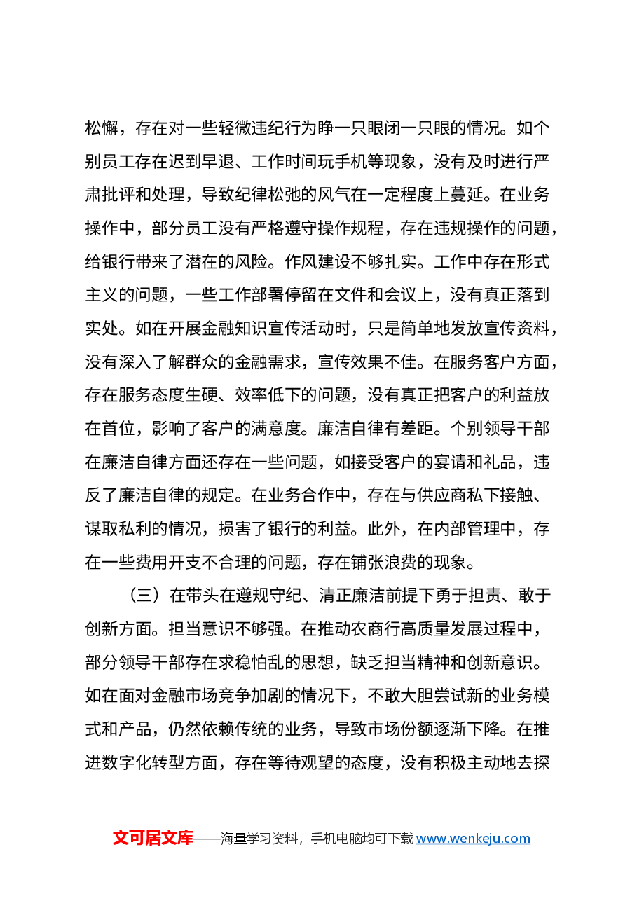 农商银行2024年度民主生活会领导班子对照检视发言材料(四个带头+典型案例剖析).docx,第3页预览