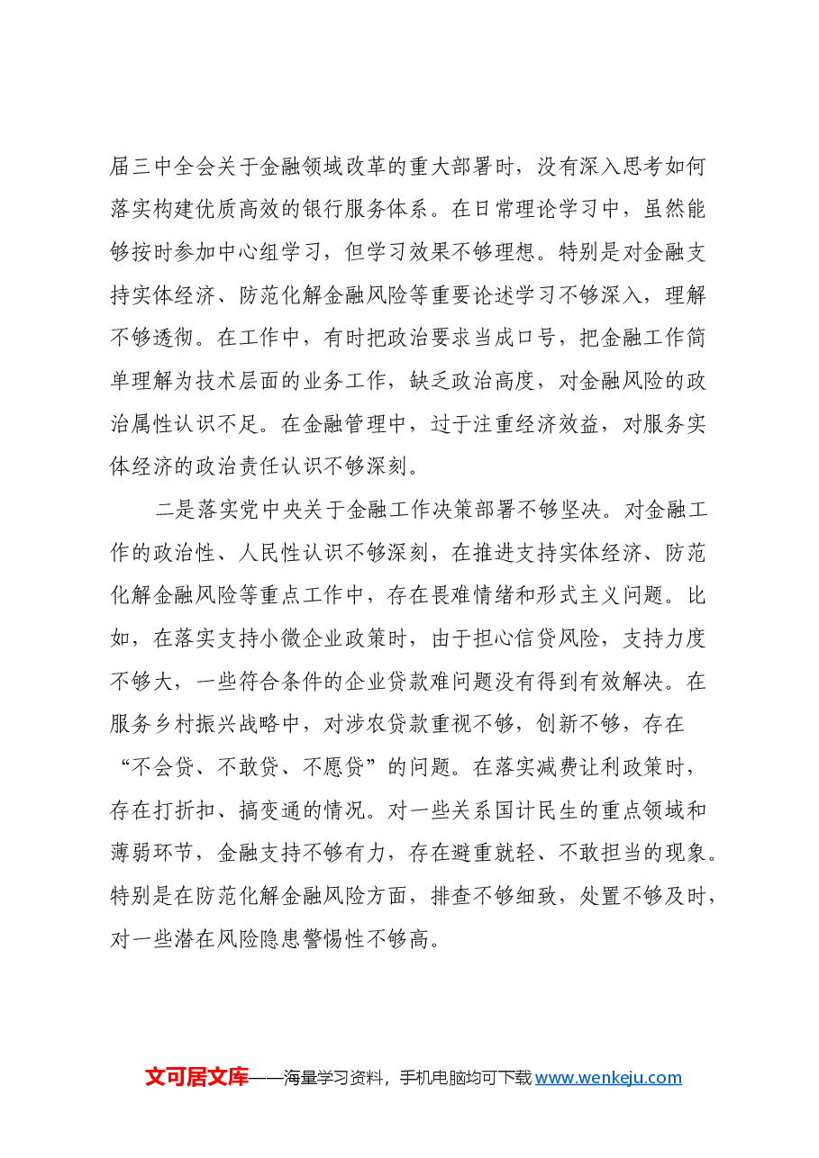 银行党委书记2024年民主生活会对照检查材料(四个带头).docx,第2页预览
