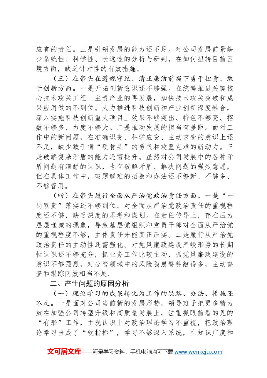 国企2024年度民主生活会领导班子对照检查.docx,第2页预览