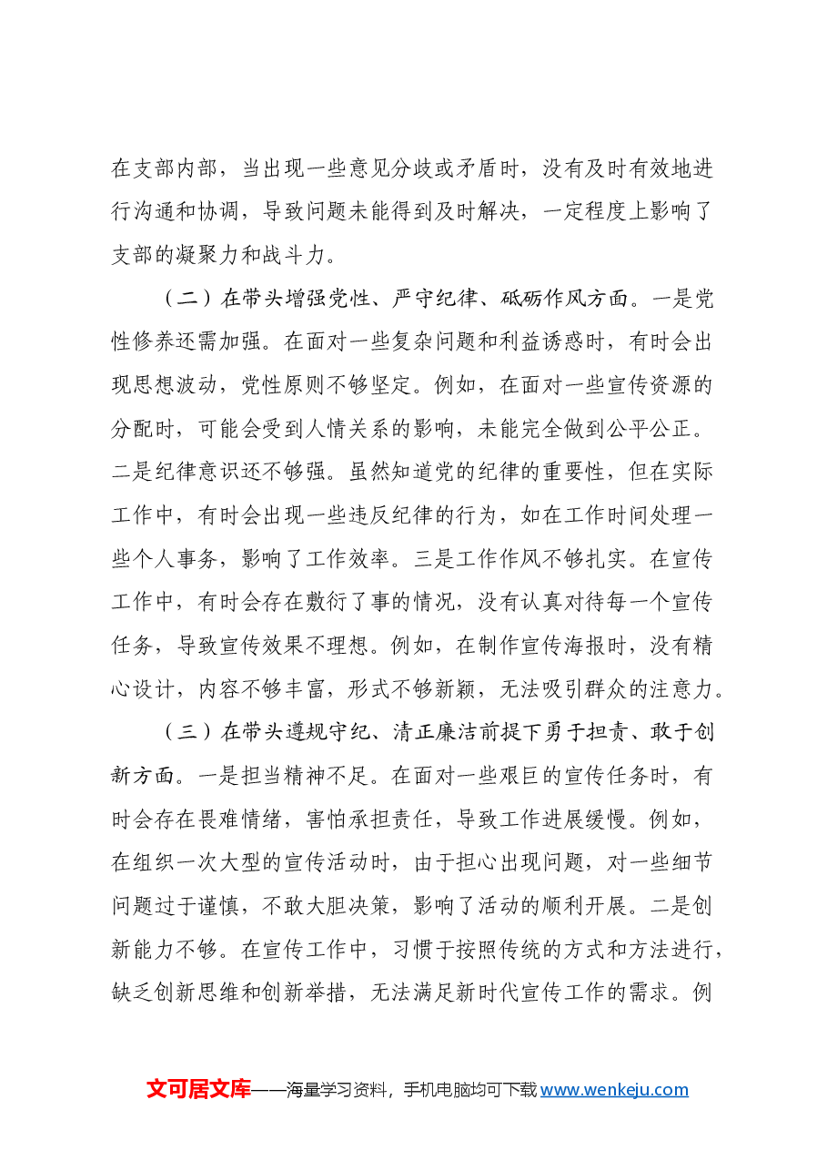党支部宣传委员2024年组织生活会四个带头对照检查发言材料.docx,第2页预览