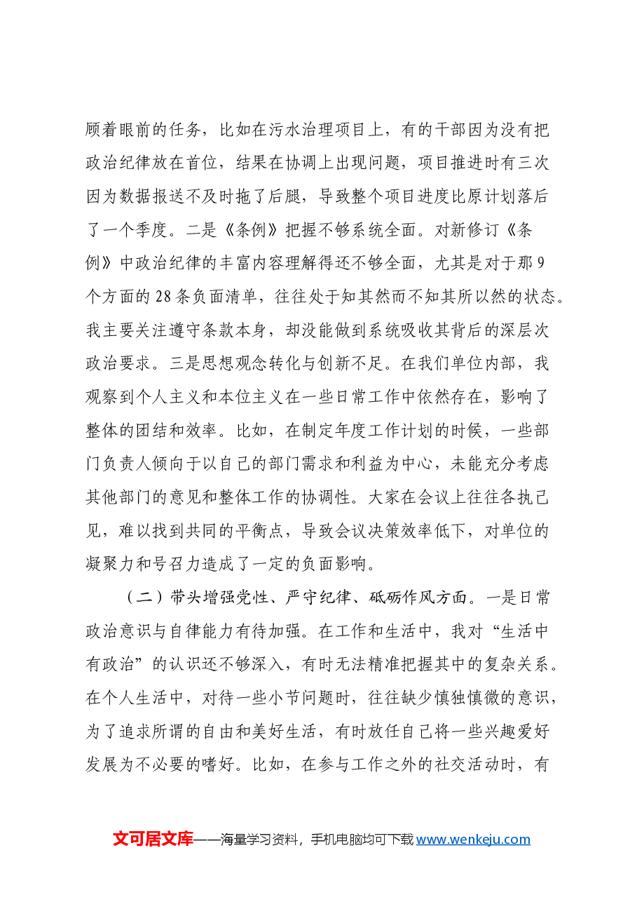 某县生态环境局局长2024年度民主生活会对照检查材料(四个带头).docx,第2页预览