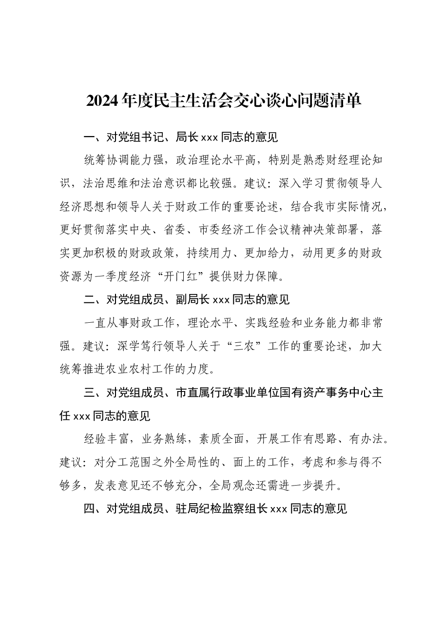 2024年度民主生活会交心谈心问题清单.docx,第1页预览